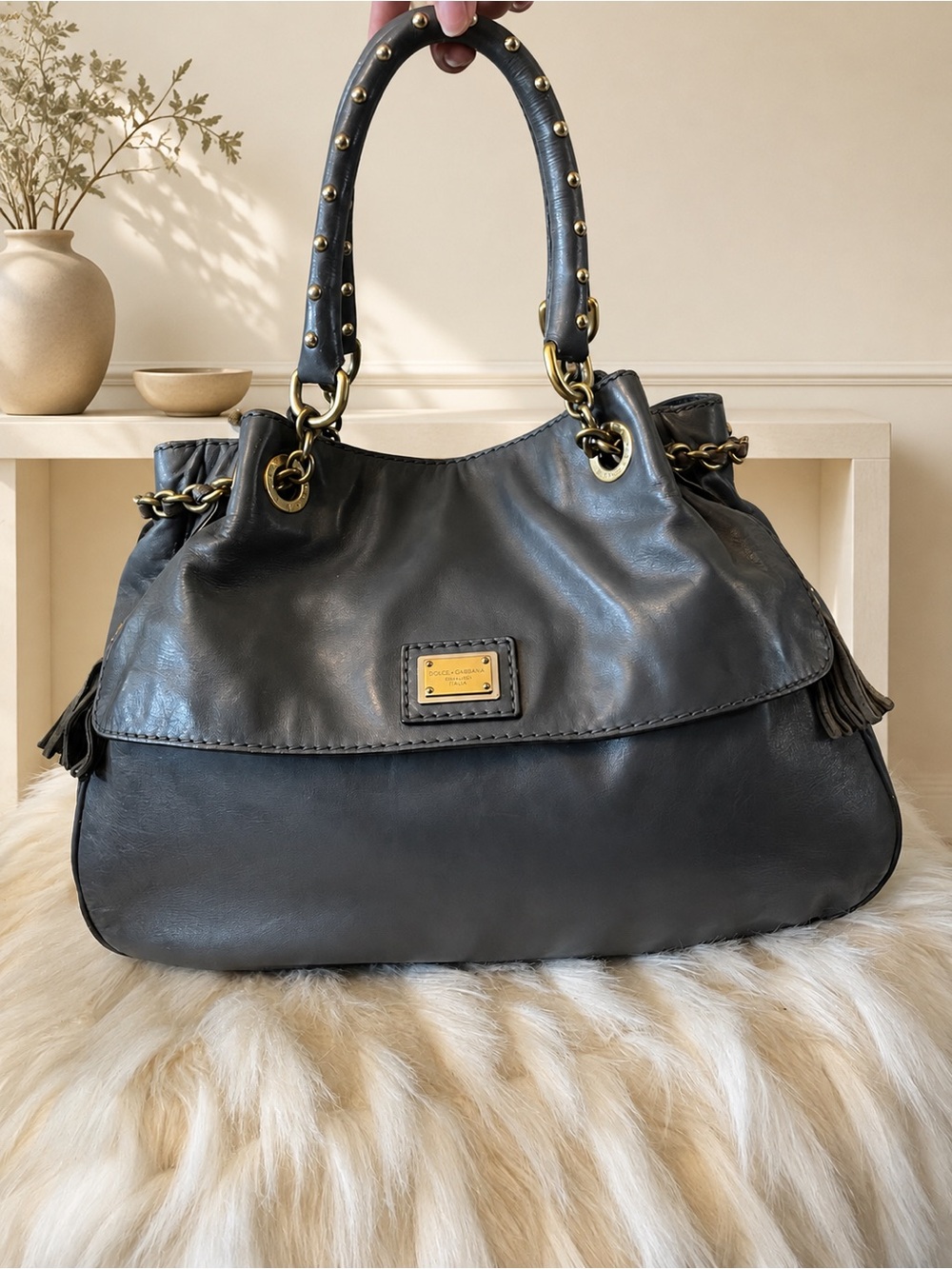 Dolce & Gabbana Gray Leather Shoulder Bag with Tassels - Picture 5 of 5